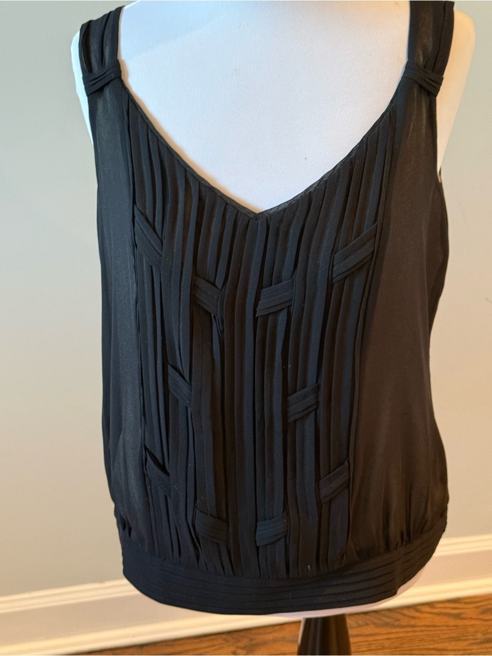 White House Black Market Black Pleated V-Neck Camisole with Woven Paneling